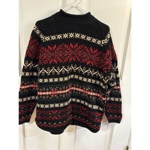 Eddie Bauer Sweater Womens XL Black Red Fair Isle Rolled Collar Pullover Vintage